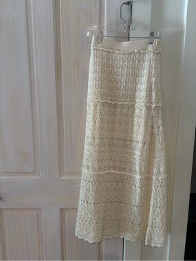 Moon River Cream Crochet Maxi Skirt with Lace Panels
